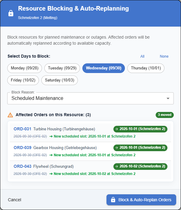 Resource blocking with a preview of the moved orders